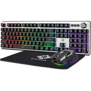 RGB Backlit Gaming Keyboard with  Combo and  pad, Multimedia Keyboard Knob,Mechanical Feel USB Wired Keyboard for Windows PC, Silvery White (10209)