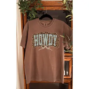 Howdy Graphic Tee Western Checkered Cheetah Print Shirt Espresso Brown Unisex 100% Cotton Comfort Colors