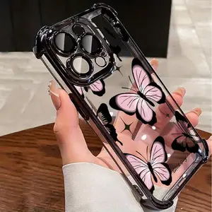 Four Corner Anti-Fall Butterfly-Printed Pattern Phone Case for IPhone 16 Pro Max 15 Plus 14 13 12 11 E Shockproof Transparent Electroplated Protective Cover
