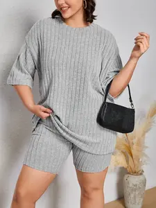 Plus Size Ribbed Knit Short Sleeve & Shorts Loungewear Set