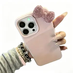 Phone Case: 1pc Girly Pink Rhinestone Bow Lychee Texture Phone Case for iPhone 17 16 15 14 13 12 11 Pro Max Air X XR XS 8 7 Plus Protective Cover Tough Artistic Cat