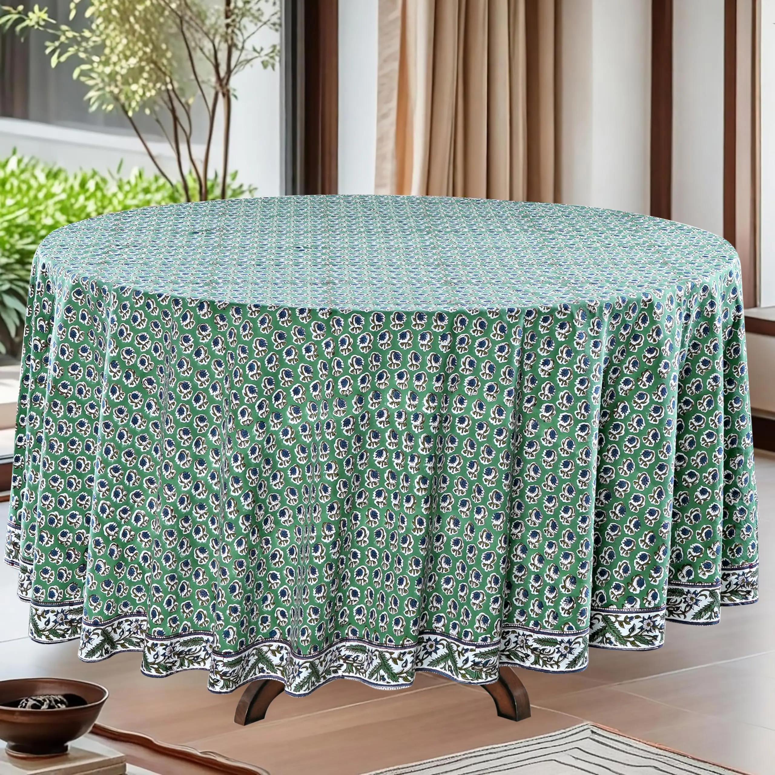 Ridhi Round Tablecloth Hand Block Print 100% Cotton Reusable Basil Green 60 Inch Table Cover Decorative Everyday Use for Dining, Home, Party, Wedding, Farmhouse, Party Gift for Spring, Mother's Day