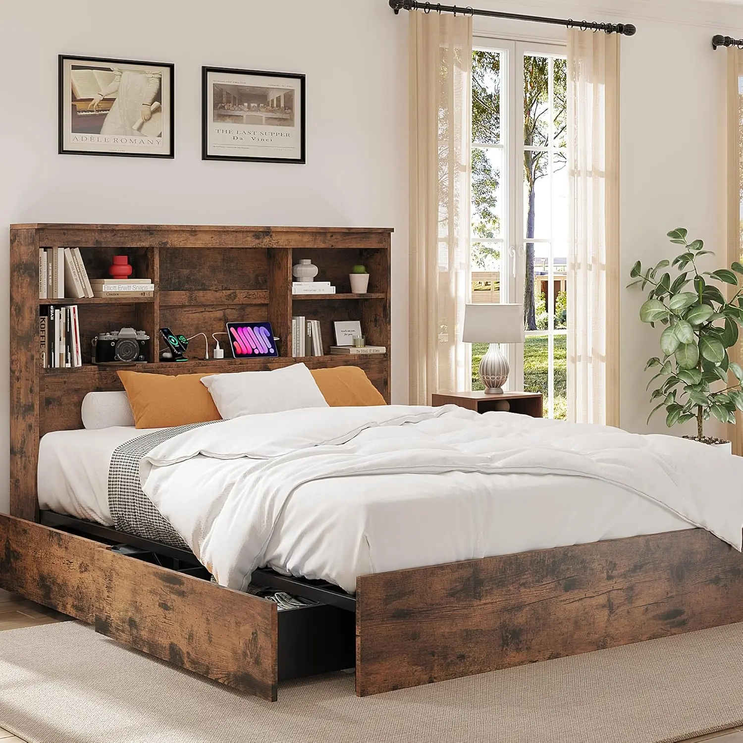 Sturdy King-Size Farmhouse Wood Bed Frame - Rustic Wood Headboard & Footboard, High-Storage Bookcase Headboard, 4 Storage Drawers, Built-In Charging Ports, Noise-Free Metal Core, No Box Spring Needed, Pre-Assembled, Sturdy Bed Frame, Rustic Headboard