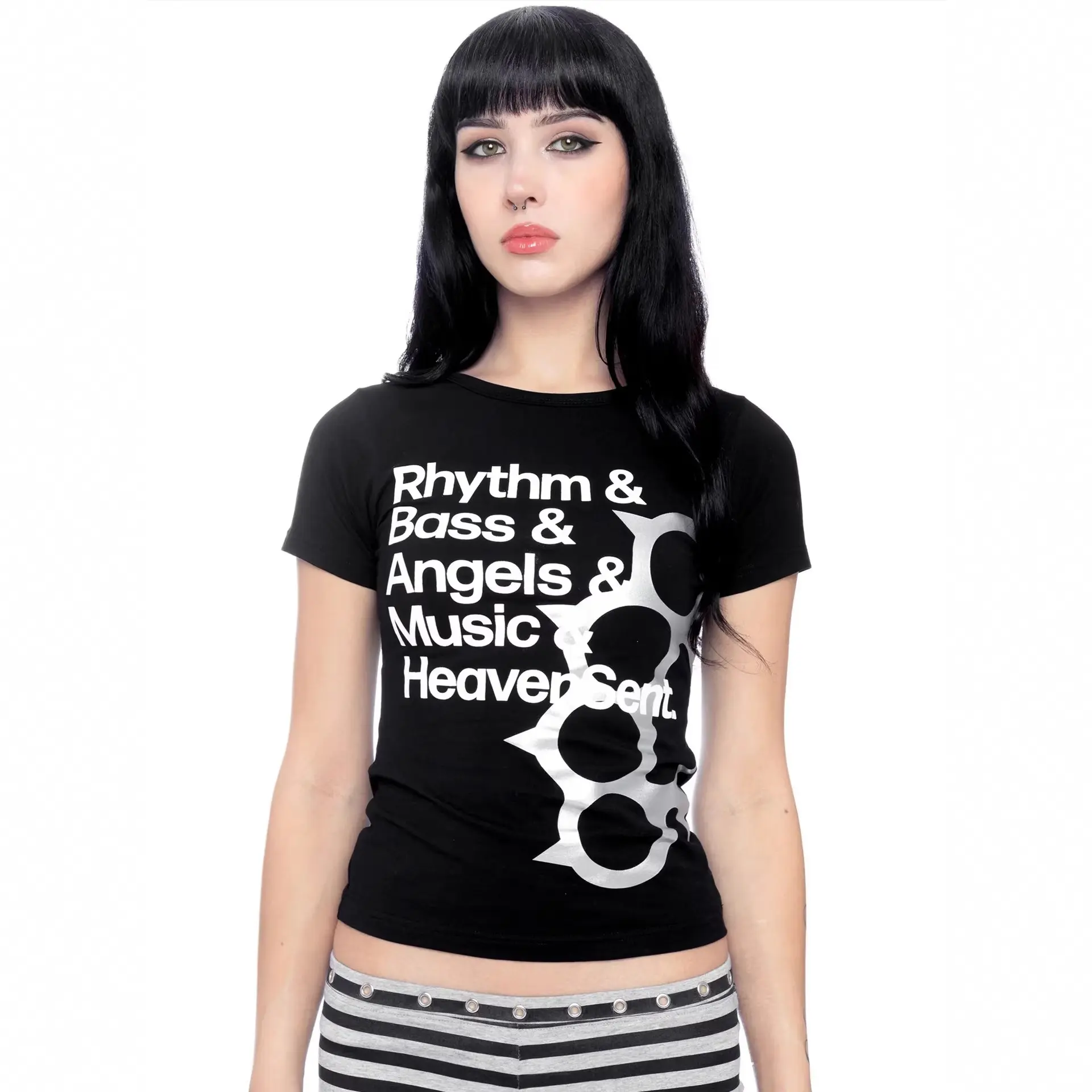 Dark Street‑Style Metallic Print Slim T‑Shirt Black Crew Neck Short‑Sleeve Cropped Casual Blouse