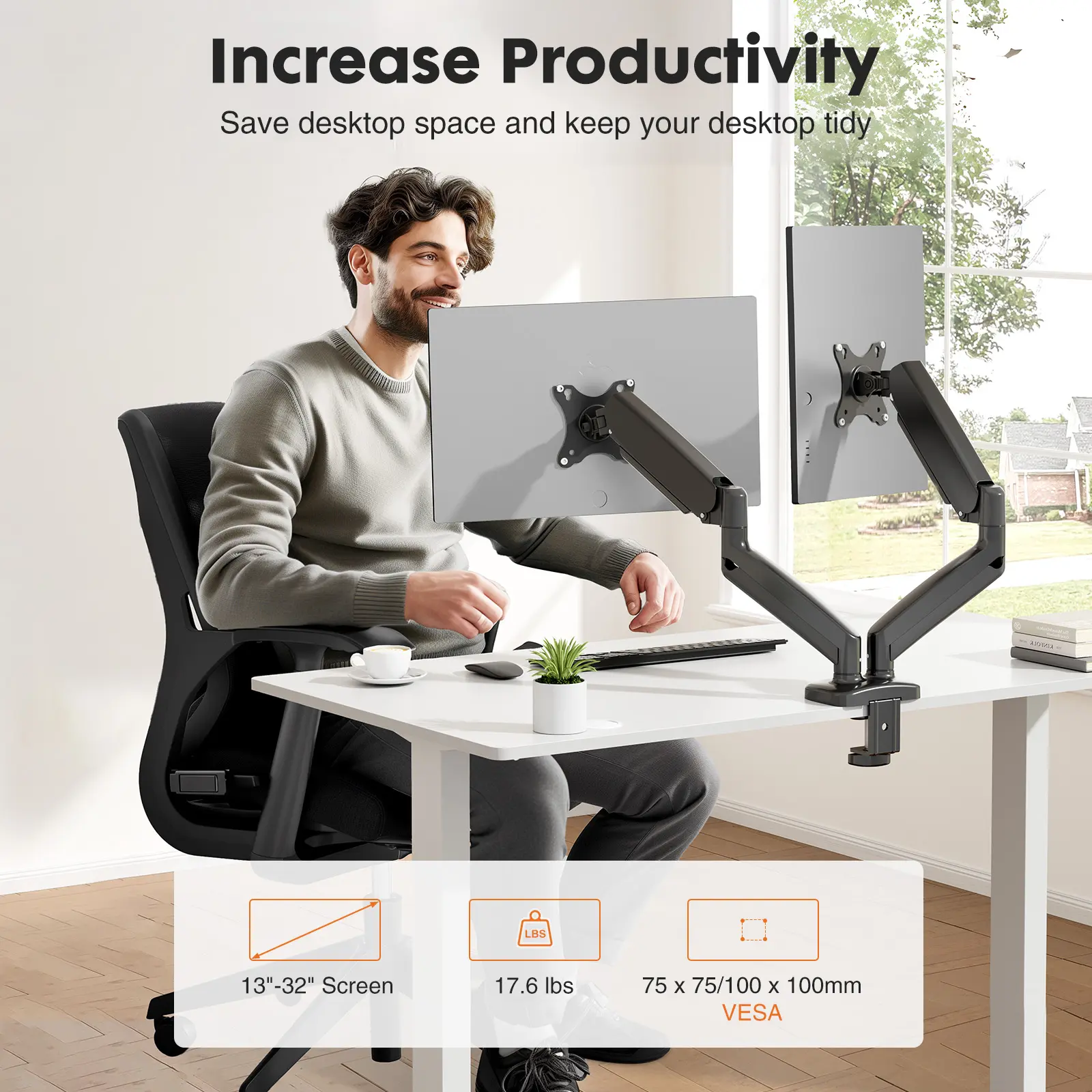 Ergo Dual Monitor Mount with Advanced Gas Springs - Office Furniture for Home Office, Height-Adjustable Arms, Clamp/Push-In Grommet Base, Fits 13"-32" Curved & Flat Screens, 4.4-17.6 lbs Capacity, Reduces Neck & Eye Fatigue, Easy Setup, Assembly Required,