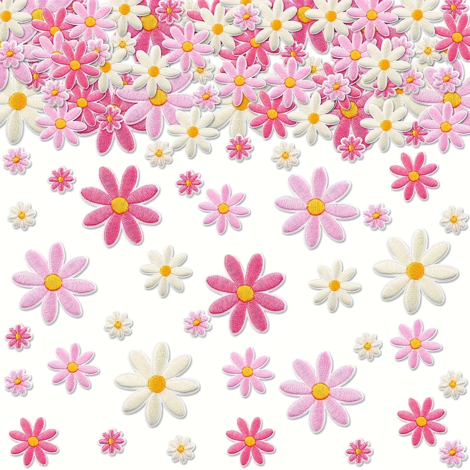 60pcs Daisy Floral Embroidery Appliques - Iron-On & Sew-On Cotton Fabric Patches, 4 Sizes, Multicolor Dressmaking Accessories (Beige, Light Pink, Pastel Pink, Yellow Centers, Green Leaves) for Crafts, Bags, Embroidered Patches, Daisy Flower, Multicolor Se