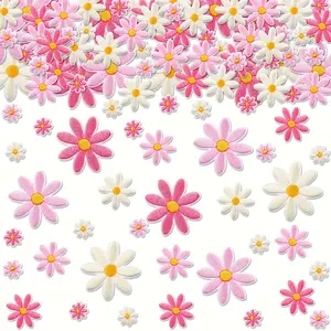 60pcs Daisy Flower Iron-On & Sew-On Applique Patches - 4 Sizes with Intricate & Multicolor Floral Design, Beige, Light Pink, Pastel Pink, Yellow Centers & Green Leaves for Crafts, Bags, Hats, Jackets, Jeans, Shoes - Fabric Iron-On/Sew-On Patches for