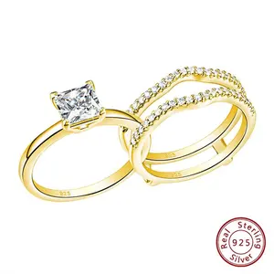 Yellow Gold 925 Silver Rings for Women K Gold Luxury Jewelry Solitaire Princess Cut CZ Engagement Ring with Enhancer Wedding Bands #Love Story