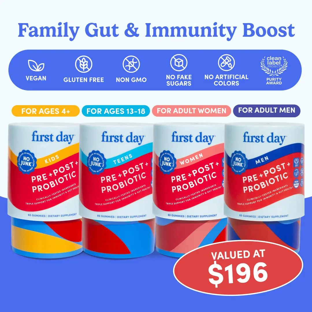 First Day 3-in-1 Prebiotic + Probiotic + Postbiotic Dietary Supplement 4-Pack Family Bundle - Healthy, Chewable, Clean Label - Digestion & Immune Support - 30-Day Supply - Vegan, Gluten-Free, Non-GMO