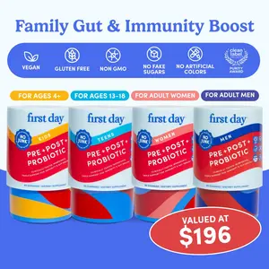 First Day 3-in-1 Prebiotic + Probiotic + Postbiotic Dietary Supplement 4-Pack Family Bundle - Healthy, Chewable, Clean Label - Digestion & Immune Support - 30-Day Supply - Vegan, Gluten-Free, Non-GMO