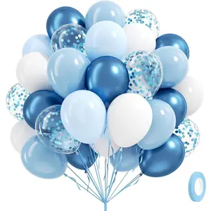 60pcs 12inch Blue and White Balloons with Pastel Pearl Light Blue Confetti Balloons for Bridal Baby Shower Wedding Birthday Party Decorations