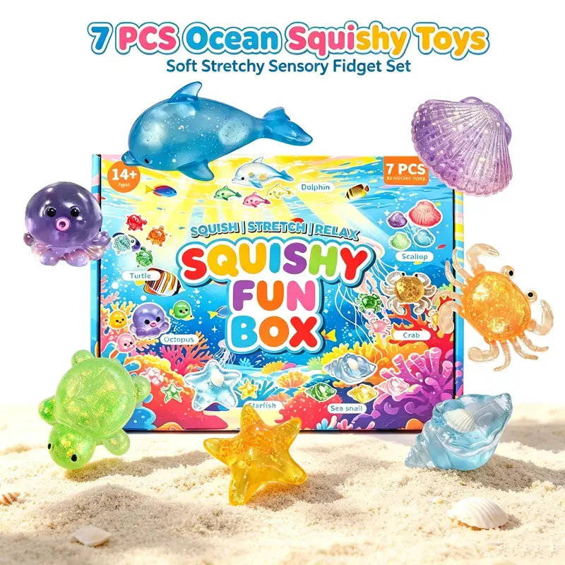 7-Pack Boxed Ocean Themed Malt Sugar Squishy Stress Relief Fidget Toys, Slow Rising Sensory Toy Set, 7 Assorted Styles Squishies, Ideal Party Bag Gifts for Birthdays, Festivals