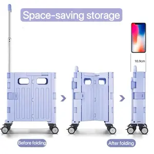 Foldable Utility Cart Portable Rolling Crate with 360° Rotating Wheels Detachable Lid Telescoping Handle Collapsible Trolley for Travel Office Grocery and Storage (Purple)