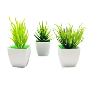 New Artificial Succulent Plants in Square Pots - Mini Fake Aloe, Buddha's Hand & Sword Grass Set with White Planter - Realistic Faux Plant Bonsai for Home, Office, Bathroom & Shelf Decor (No Maintenance Required)