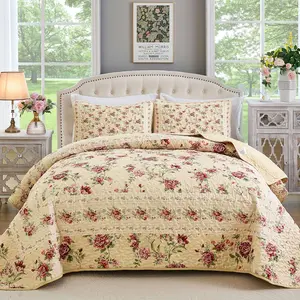 Beige Quilt Set  Size, 3 count Antique Rose Beige Bedspread Coverlet Set, Lightweight Soft Microfiber Floral Quilt Set with 2 Pillowcases for  Season ( Size 96"x90")