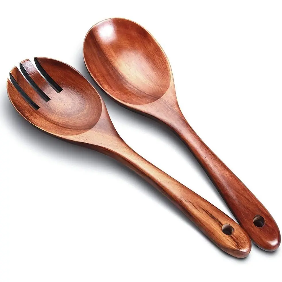 Salad Servers,Wooden Salad Tongs,10.2in Serving Utensils Set,Acacia Salad Spoon and Fork Set Long Handle Salad Server Set  Serving Utensils