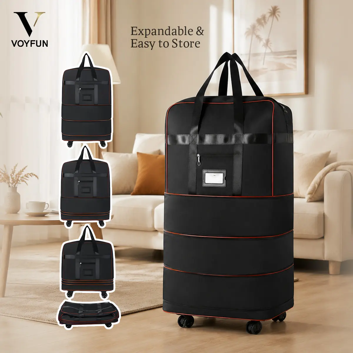 Voyfun Expandable Rolling Duffel Bag with Detachable Wheels, 4-Tier Foldable Luggage for Travel Moving and College, Heavy Duty Oxford Luggage Bag for Men and Women