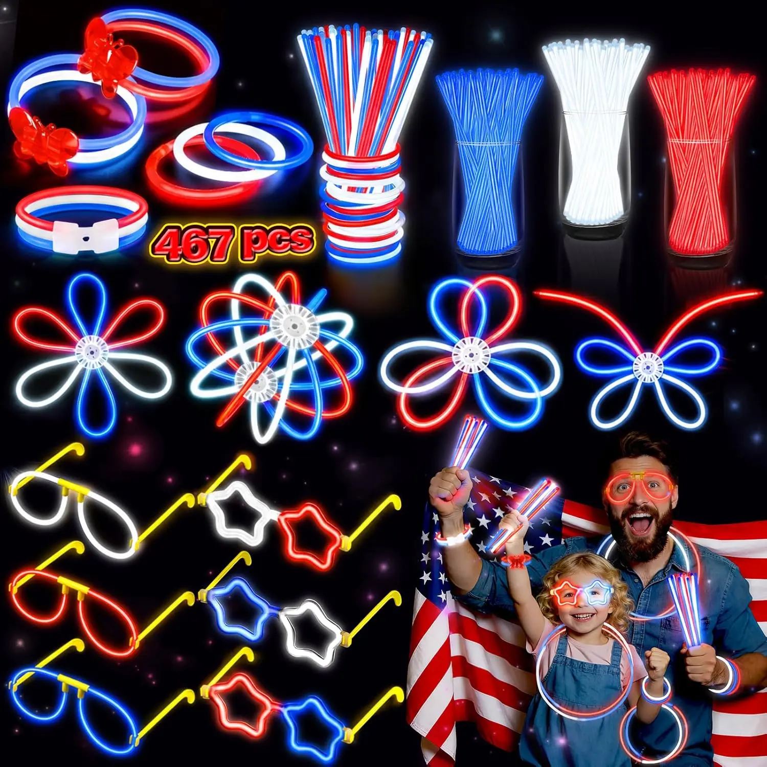 467Pcs Unisex Stars&Stripes 4th of July Glow Sticks Party Supplies Kit - 8-in Light-Up Glow Sticks with Connectors, Red White Blue Patriotic 250th Favors, 4th of July Accessories for Kids, Halloween Holiday Plastic Necklaces Bracelets Glasses