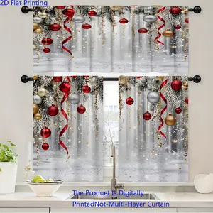 3-piece set of 2D flat printed kitchen curtains, window curtain, gold, red and silver Christmas ball snowflake pattern printed curtain set, rod pocket valance tiered curtains, for home decoration in kitchen cafe living room, holiday decorations