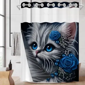 1pc hookless shower curtain with snap fastener, silver cat blue pearl embellishment 2D Flat Printing, fabric waterproof inner lining shower curtain with transparent window double-layer curtain, 71 x 74 inches, modern family curtain decoration