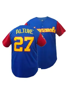 Venezuela 27" Men's Letter & Figure Patched Button Front Baseball Jersey, Jersey Shirt, Casual Loose Short Sleeve V-Neck Baseball Top for Fall & Winter, Basebal Christmas Gifts, Men's Sportswear for Training & Competition, Workout Tops Sports Clothing