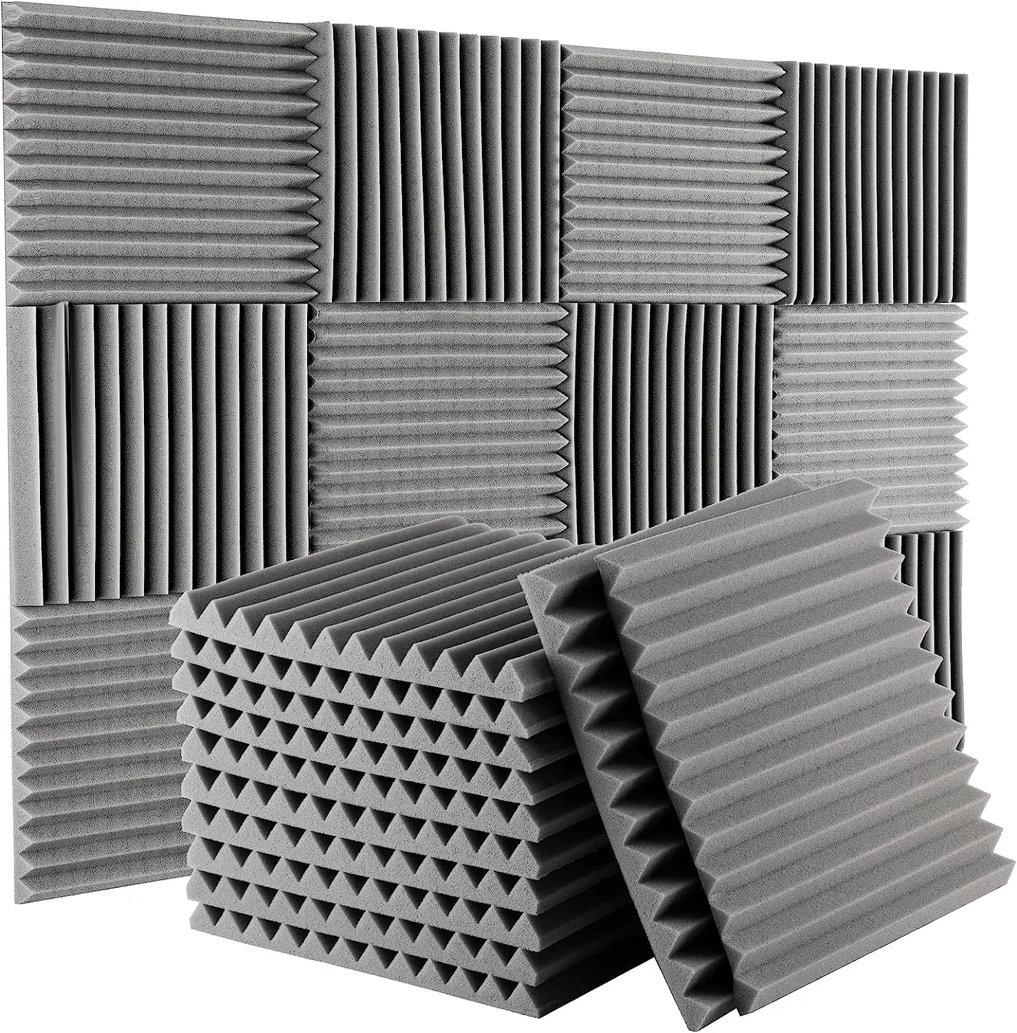 Gray Acoustic Wall Panels (12"x12"x1" Wedge-Shape Polyurethane Foam) - Environmentally Friendly Soundproofing Insulation, Easy-Install for Indoor Studios & Living Rooms, 12-96 Count Multiple Packs