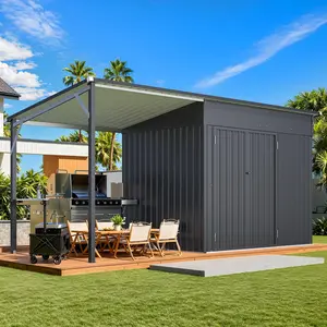 AECOJOY Outdoor Open-Sided Storage Shed 3x5/8x4 Sheds & Outdoor Storage with 15/56 Sq. Ft Covered Tool Shed with Attached Hardtop Metal Pergola Gazebo shed Lockable Door Two Hinges Solid Internal Structure Modern Design Organization Patio
