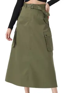 INSPIRE CHIC Y2K Summer Belt Waist Vintage Streetwear Cargo Long Skirt with Pockets Army Green
