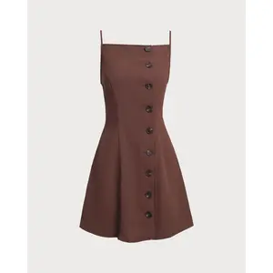 Brown Button Pleated Slip Mini Dress