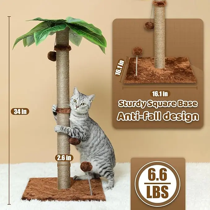 【Cat Palm Tree】POMESEA Cat Scratching Post, 34'' Tall Scratchers Post for Indoor Cats, Cute Cat Tree Climbing Post for Large Cats and Kittens, Palm Tr
