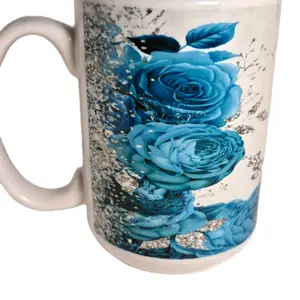 Coffee Mugs with Blue Floral Design and Sparkling Accents Unique Patterned Mug