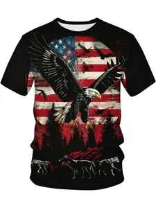 Men's 3D Eagle American Flag Print T-Shirt, Casual Loose Fit Short Sleeve Top, Comfortable Round Neck Shirt for All Seasons