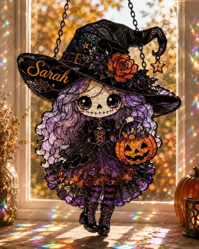 Personalized Witch Suncatcher, Custom Name Halloween Stained Glass, Cute Gothic Witch Window Hanging, Spooky Gift for Her