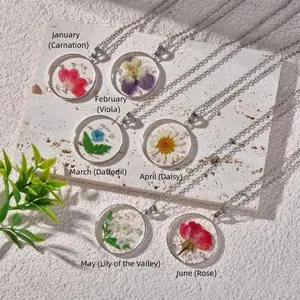 Silver Birth Month Flower Necklace for Women, Real Dried Flower Round Pendant, Birthday Gifts