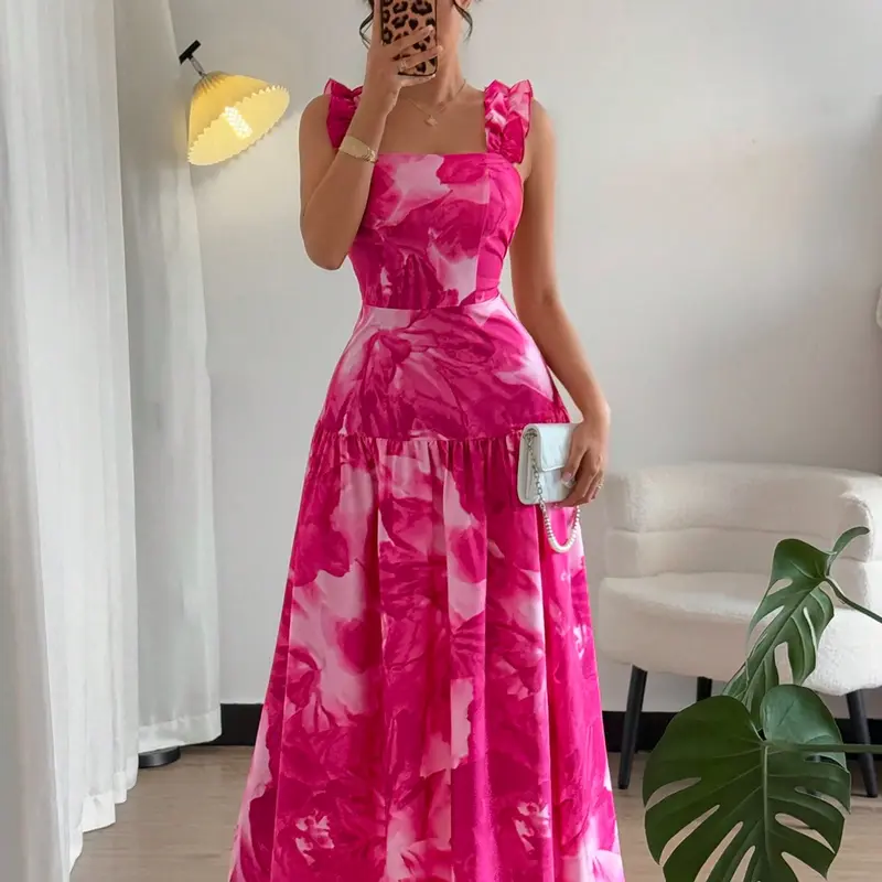 Blush Floral Print Square Neck Ruffled Strap Dress, Long Sleeveless Design, Perfect for Holidays, Weddings, Parties, Dates, Daily Wear, Dresses For Party, Womenswear