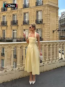 Pure Color Elegant Halter Neck Backless Waist Cinched Midi Dress, Sleeveless Fitted Plain Style, Women's Fashion Clothing