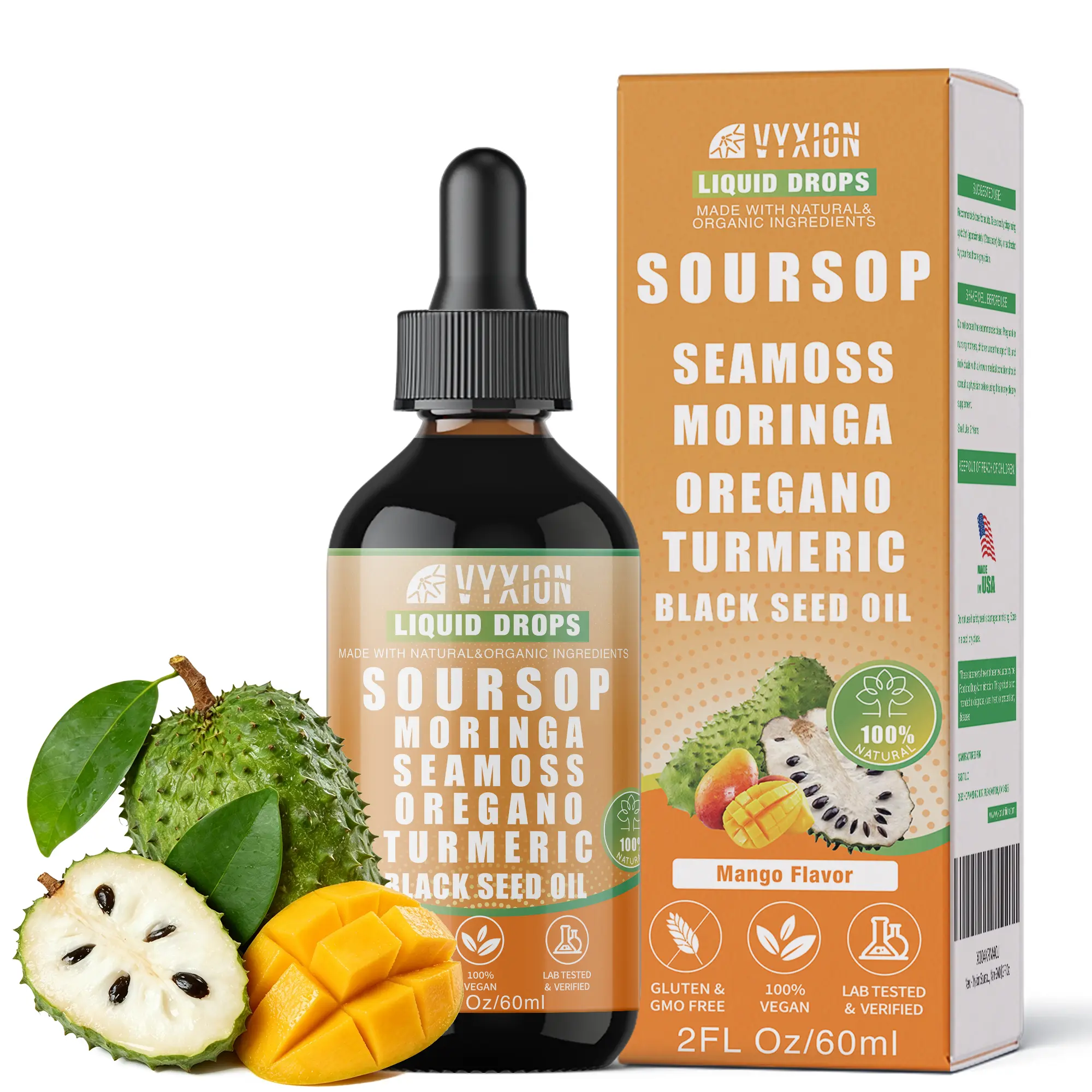 VYXION Mango Flavor Soursop Bitters Liquid Drops 10 in 1 with Sea Moss, Moringa, Turmeric, Black Seed Oil, Oregano, Ashwagandha | Herbal Extracts| 2 Fl OZ