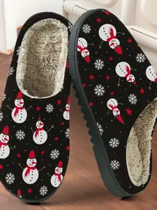 Christmas Snowman Print Cotton Slippers, Warm Holiday Style, Fuzzy Lined Anti-Slip Thick Sole, Home Use Men Women Fall Winter