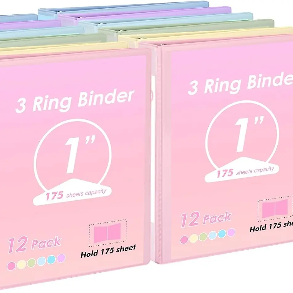 1 inch 3-Ring Binder 12 Pack Assorted Pastel Color with 2 Pockets Inside, Fits 11 x 8.5 Inch Paper with 175 Sheets Capacity