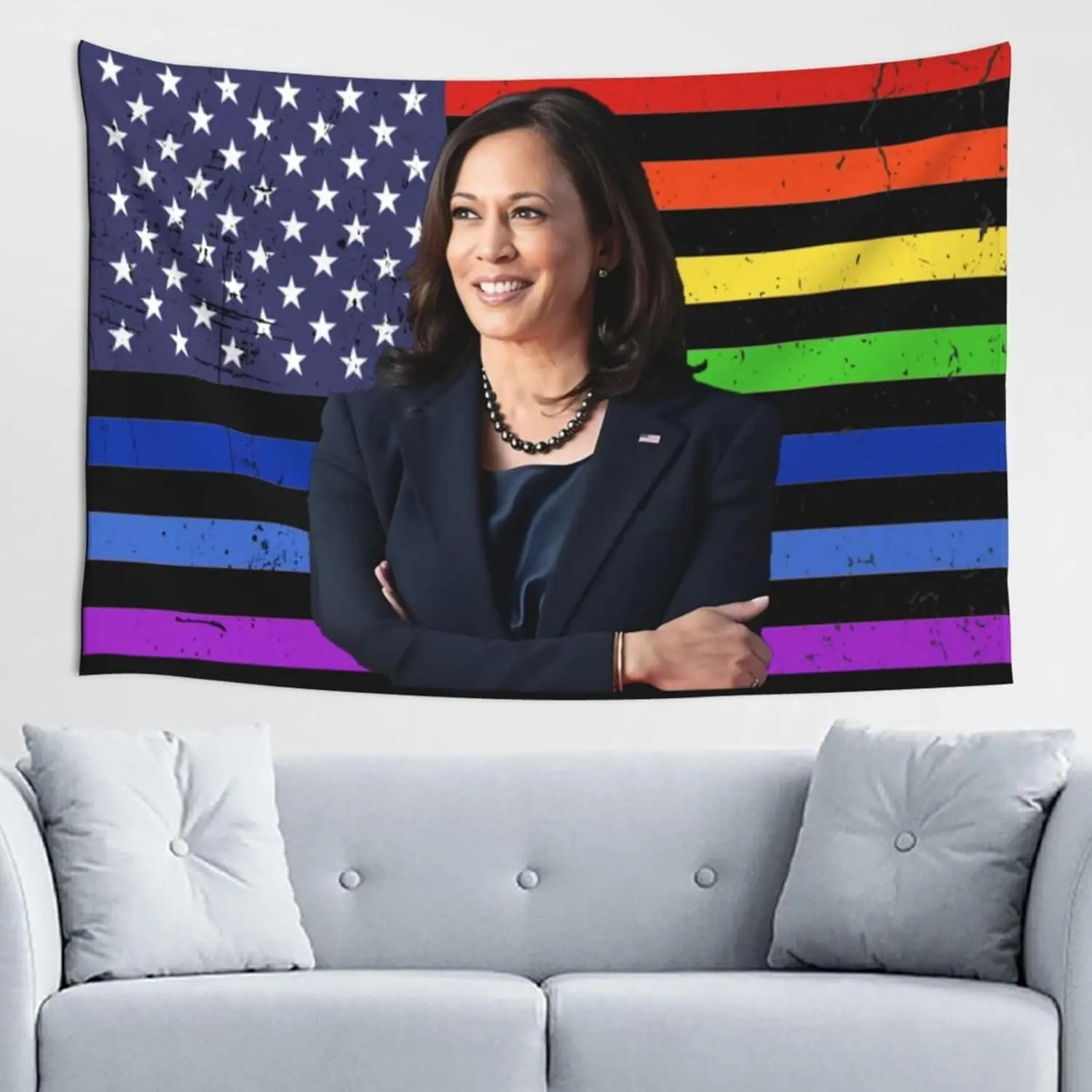 Custom Tapestry with Watercolour Design & Lace Edges - Durable Kamala Harris-Walz 2024 For President Pro Harris LGBT Flag Letters, 60x40 in Home Supplies Wall Curtain, Ideal Gift for Special Occasions, Durable Decorative Tapestry, Glam