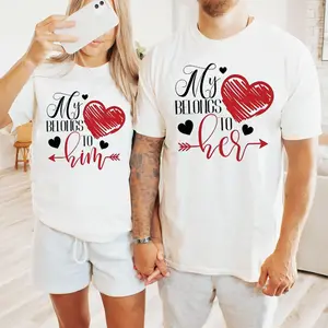 [100% Cotton] My Heart Belongs To Him Her T Shirt, Matching Couple Tee, Romantic Valentine Graphic Tshirt, Husband Wife Boyfriend Girlfriend Shirt, Anniversary Outfit, Sweet Love Gift For Him Her