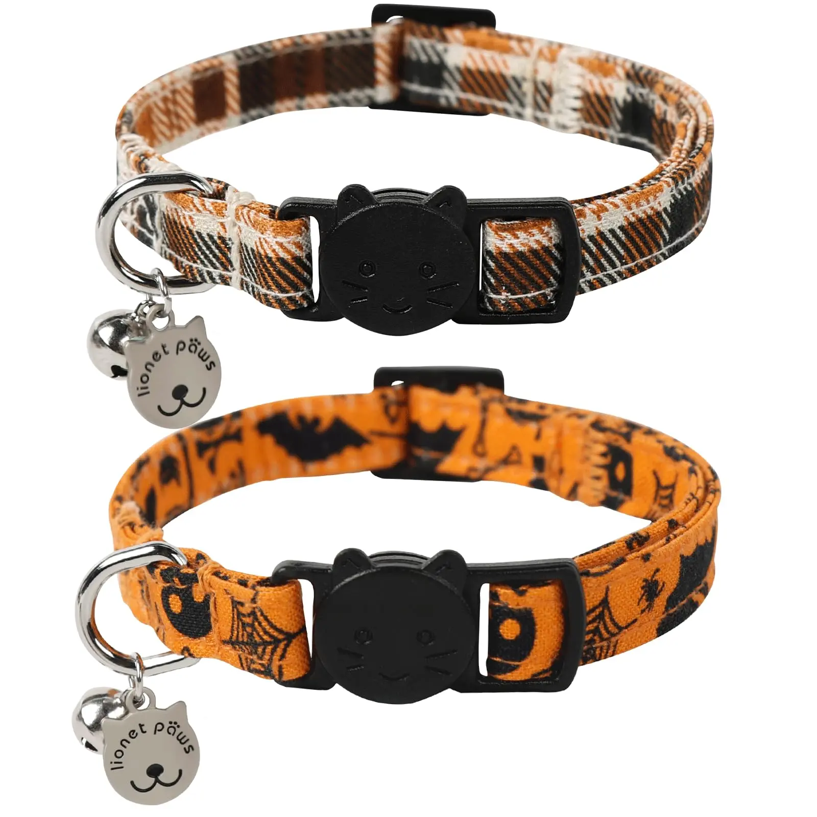 Lionet Paws 2-Pack Cotton Collars for Kittens & Adult Cats - Breakaway Safety Buckle, Adjustable, Includes Halloween & Brand Pendants, Cute Cat Gift