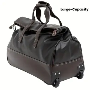 Faux Leather Rolling Duffel Bag Wheeled Weekender Travel Luggage with Telescopic Handle