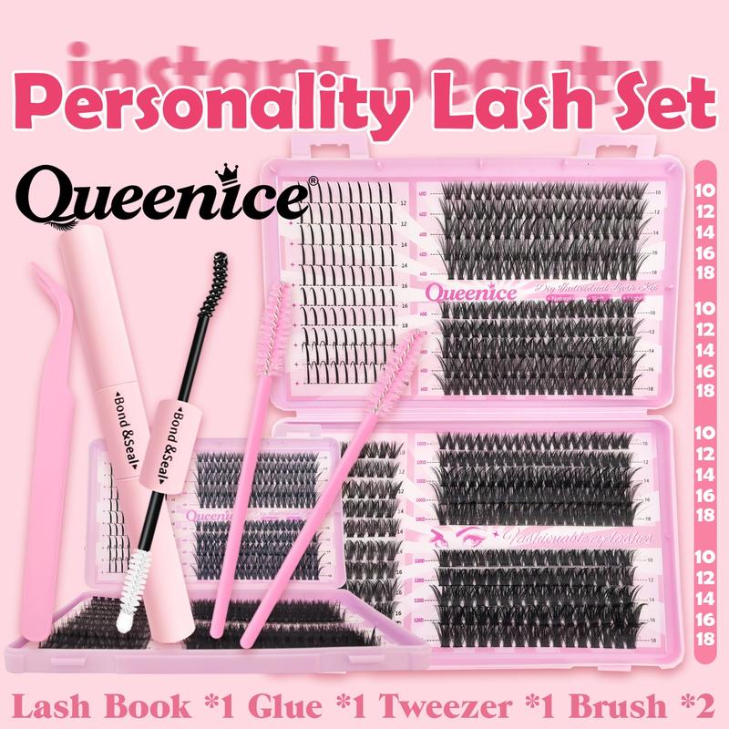 QUEENICE Lash Clusters Extension Kit, Cosmetic Eyelash Extension 40D/60D/80D/100D/120D, 10mm-18mm Mix Lengths Individual Cluster Lashes, DIY Lashes Cluster, Full Set for Beginners, Eyelash Tools, Daily & Party Makeup, Festival Gift