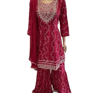 Traditional Indian Nepali Kurtha Salwar Pant Garrara Style with Duppatta - Red Color Ethnic Wear
