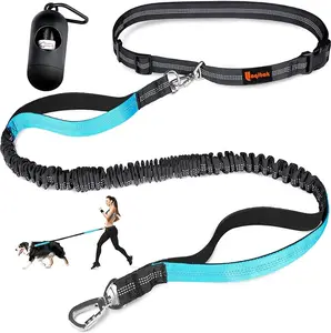 Hands Free Dog Leash, Adjustable Waist Leash for Dog, Handle Bungee Dog Leash 4.2-6.7 Feet Long with Reflective Stitches for Walking Hiking Running, Fits 26"- 47" Waist, Black & Blue