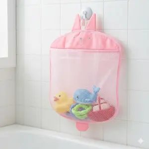 Breathable Hanging Bathtub Toy Storage Net Bag, No-Drill Waterproof Foldable Portable Design, Large Capacity Kids Bath Toy Organizer Shower Storage Basket