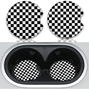 2 Pack Absorbent Universal Neoprene Cute Car Coasters for Cup Holders with Finger Slot, 2.56" Auto Accessories for Women & Men, Black/White