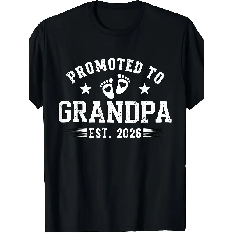 Men's Casual Round Neck Shortsleeve Vintage Retro Graphic Tee - Black Streetwear T-Shirt with White Graphics, Text, Baby Footprints, Stars, Established 2026 - Perfect Gift for New Grandparents Crewneck Menswear
