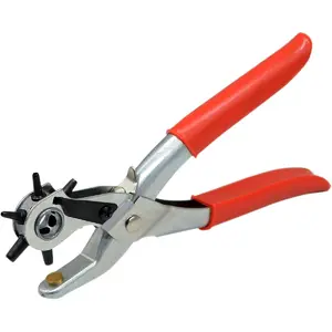 Leather Hole Punch Tool Set Heavy Duty 6 Size Revolving Leather Belt Hand Hole Puncher for Belts, Watch Bands, Straps, Dog Collars, Saddles, Shoes, Fabric, DIY Home or Craft Projects (9'', Silver/Red)